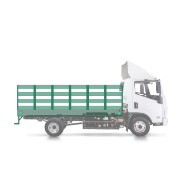 Side view of a white truck with a green open cargo bed, isolated on a white background.
