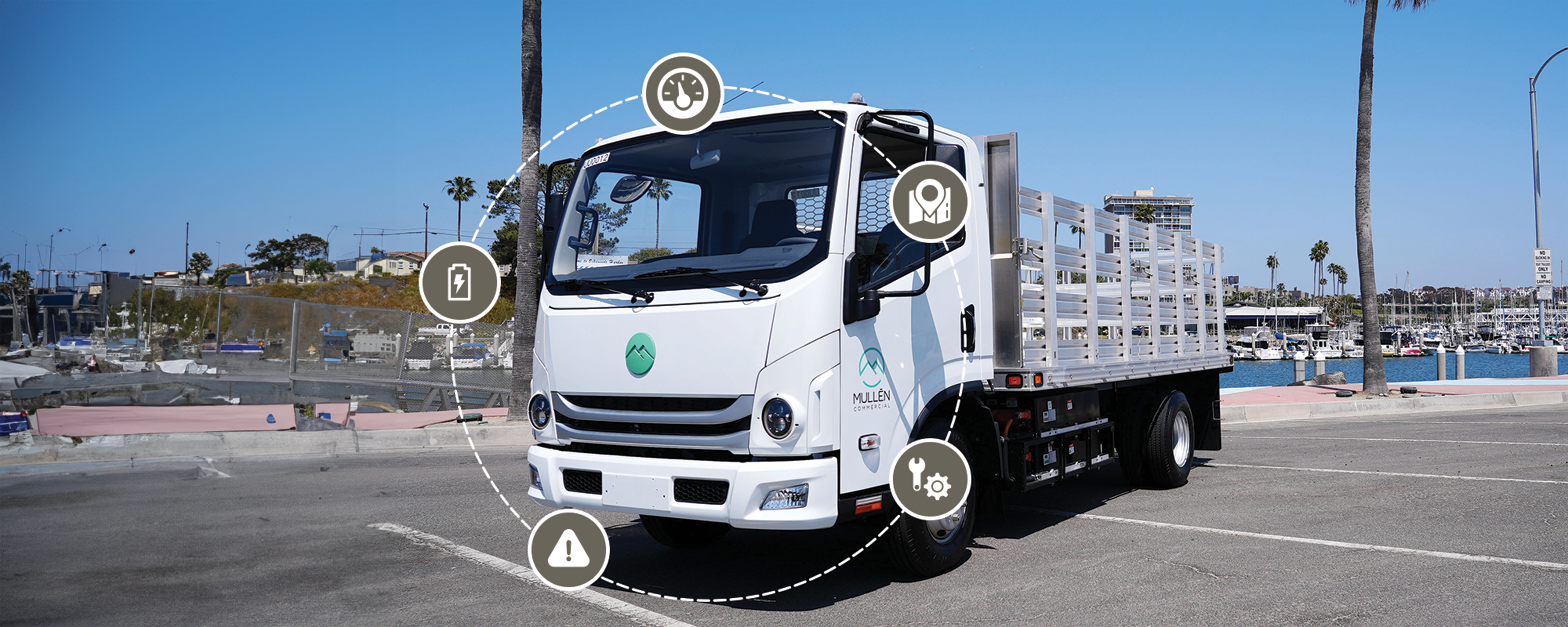 Mullen THREE Truck with icons representing features