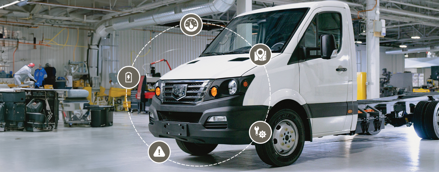 Truck with icons showing features